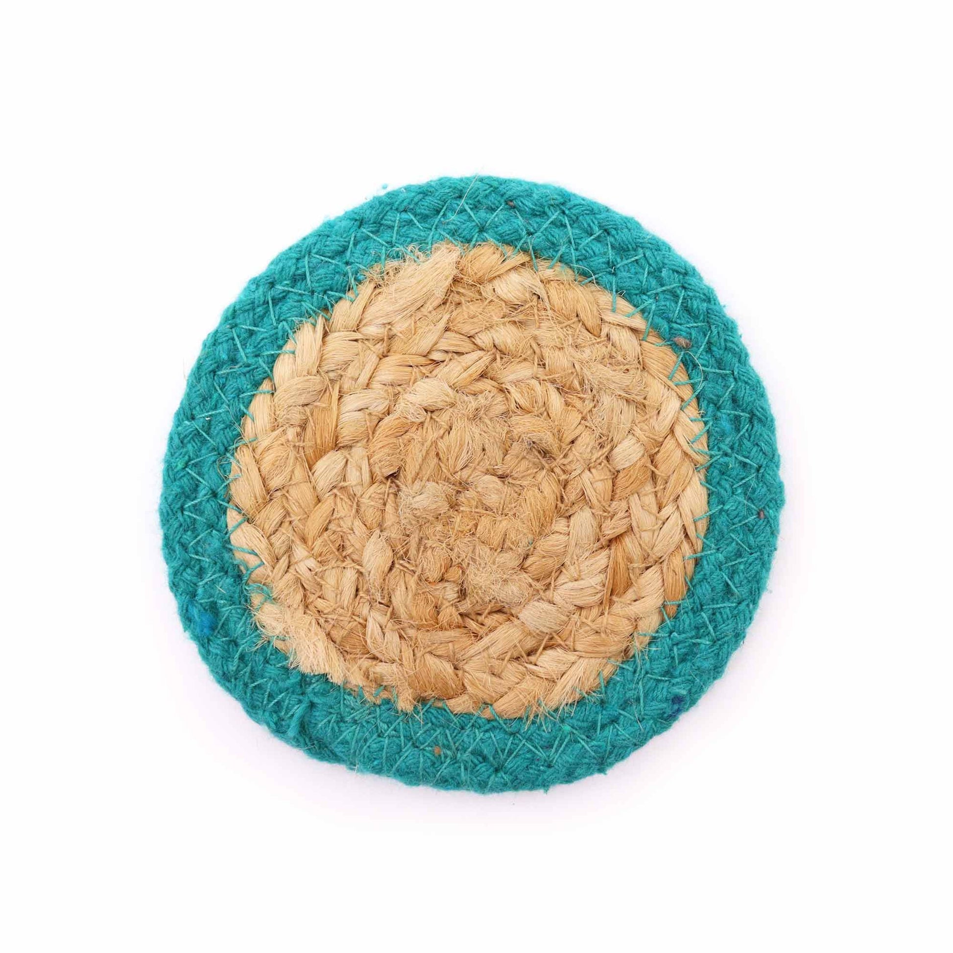 Natural Coaster - Jute & Cotton 10cm  (set of 4) - Teal Boarder - Image natural-coaster--jute--cotton-10cm--set-of-4--teal-boarder-npmat-12