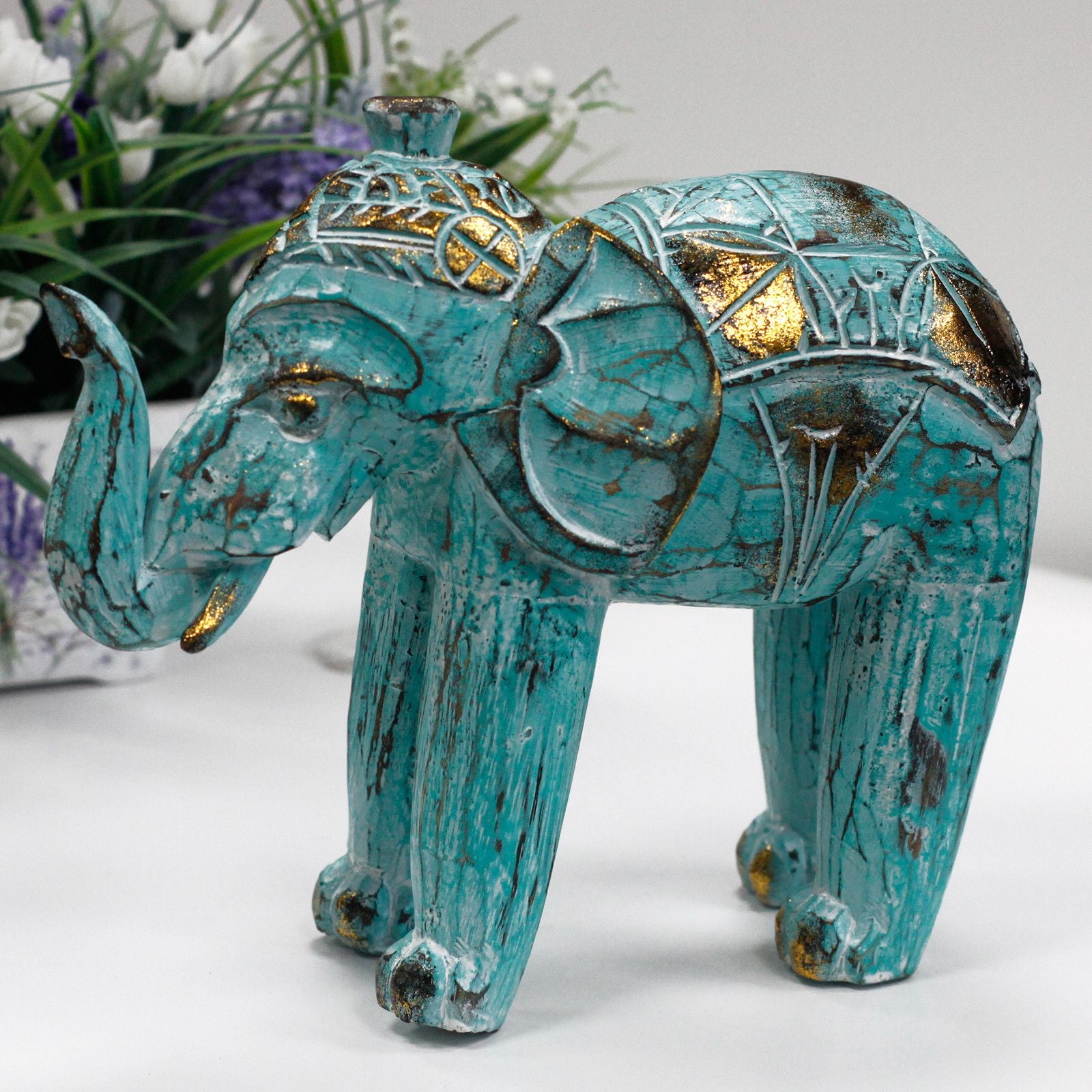 Wood Carved Elephant - Turquoise Gold - Image wood-carved-elephant--turquoise-gold-vintep-02