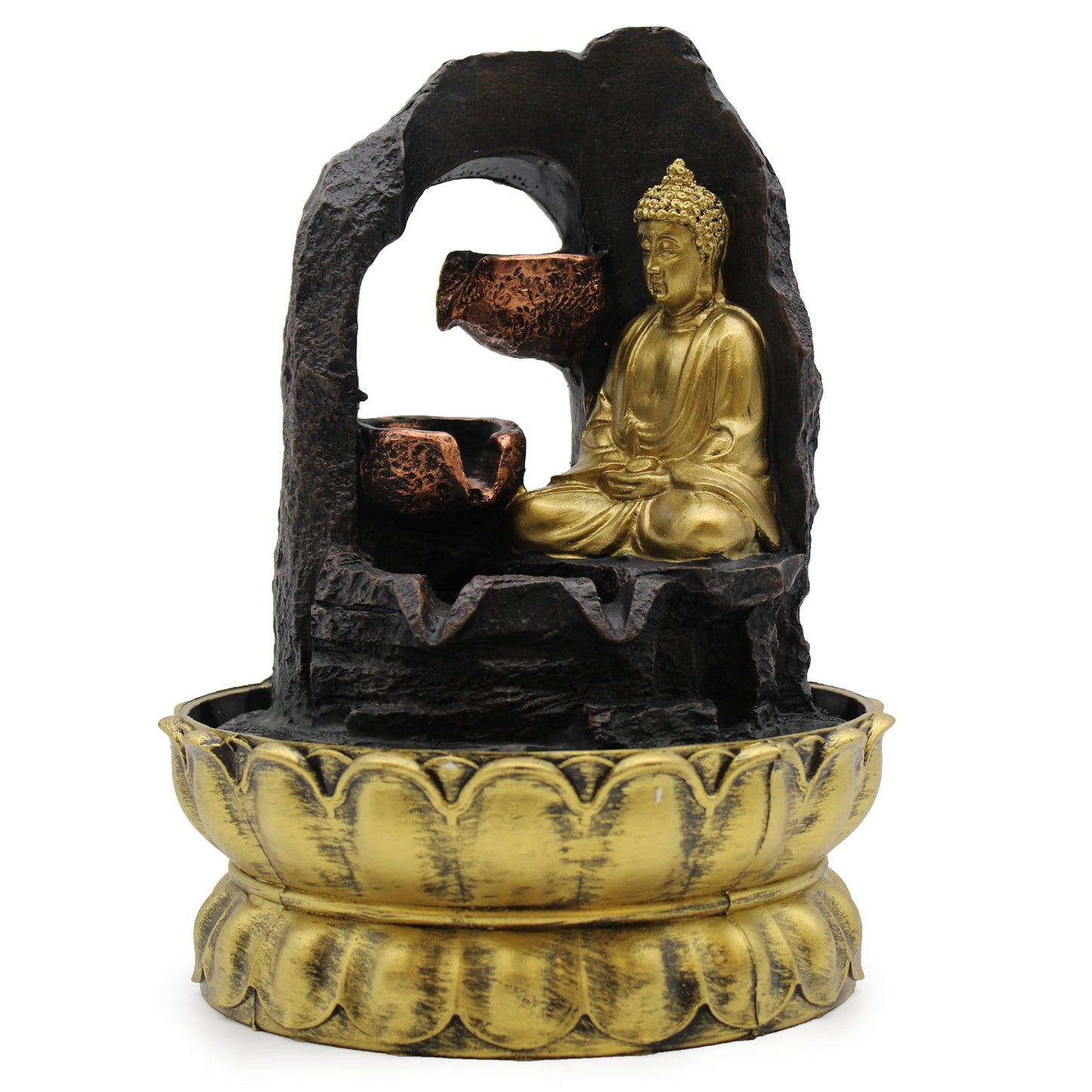Tabletop Water Feature - 30cm - Golden Meditating Buddha - Image tabletop-water-feature--30cm--golden-meditating-buddha-waterf-01