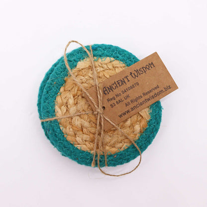 Natural Coaster - Jute & Cotton 10cm  (set of 4) - Teal Boarder - Image natural-coaster--jute--cotton-10cm--set-of-4--teal-boarder-npmat-12