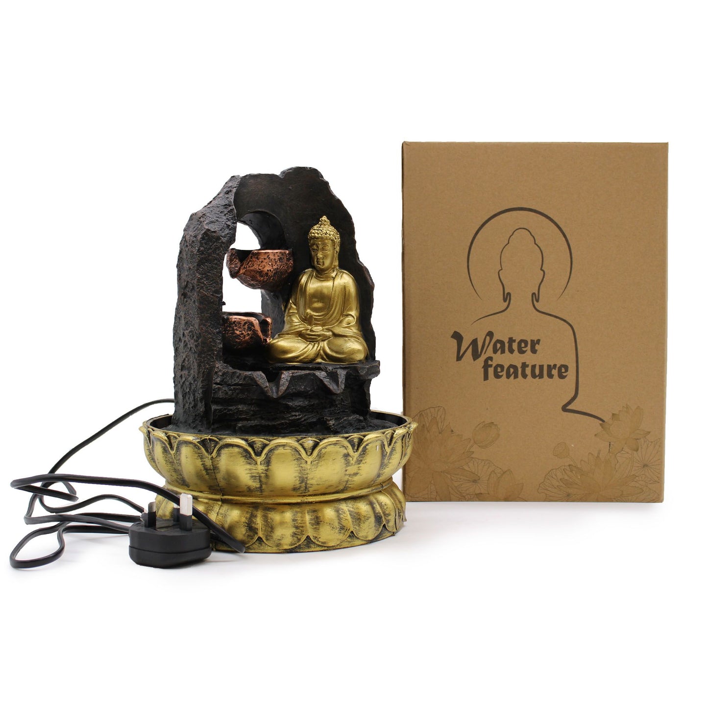 Tabletop Water Feature - 30cm - Golden Meditating Buddha - Image tabletop-water-feature--30cm--golden-meditating-buddha-waterf-01