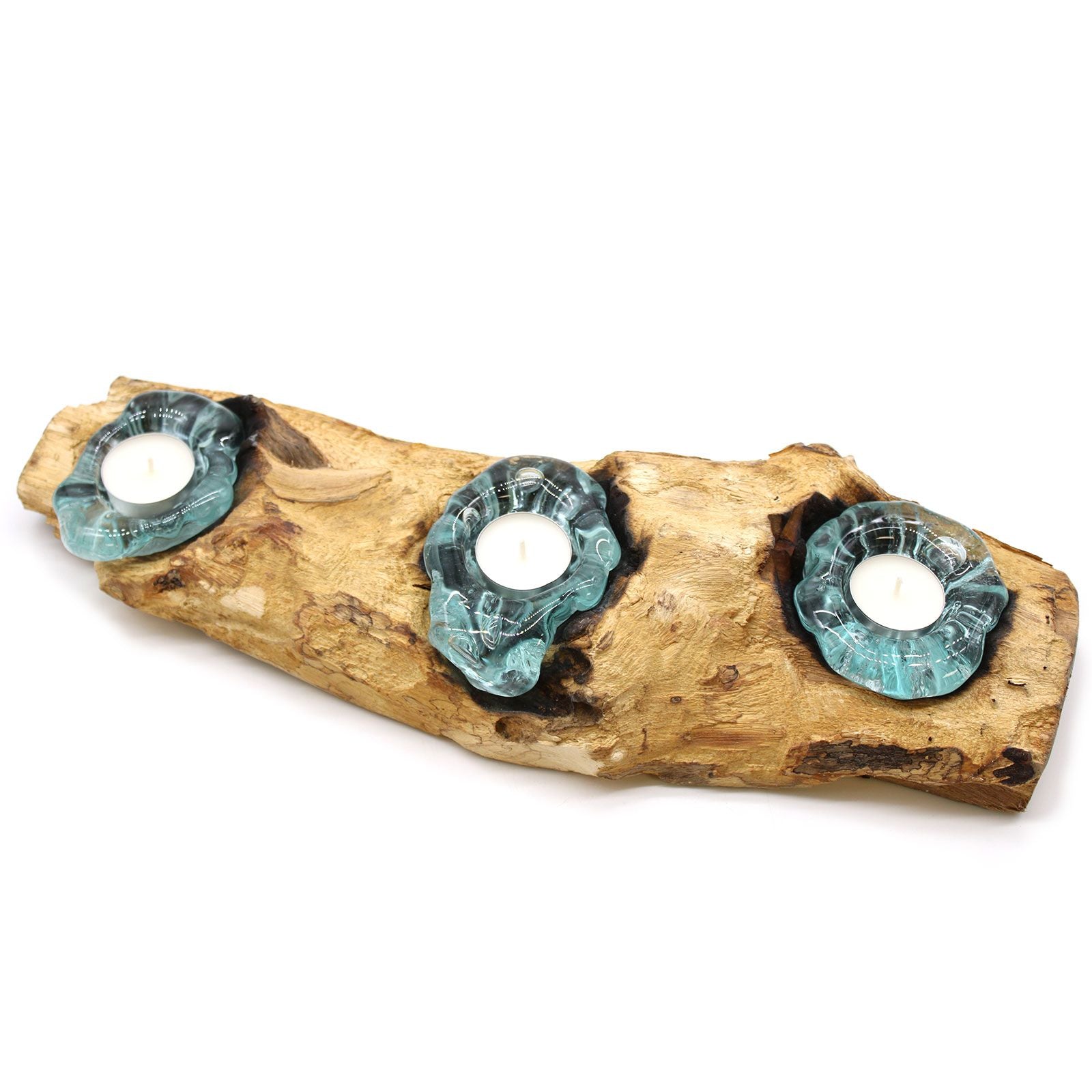 Molton Glass Flat Triple Candle Holder on Wood - Image molton-glass-flat-triple-candle-holder-on-wood-mgw-27