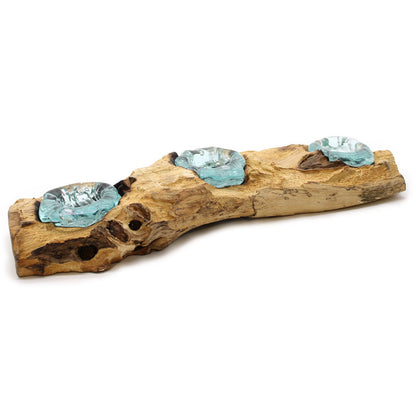 Molton Glass Flat Triple Candle Holder on Wood - Image molton-glass-flat-triple-candle-holder-on-wood-mgw-27