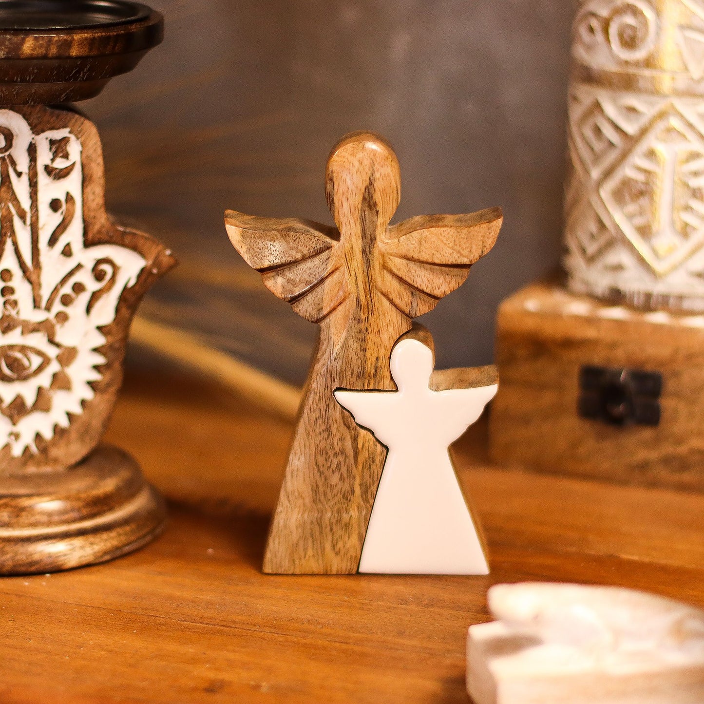 Mango Wood Angel in Angel - White Enamel - Image mango-wood-angel-in-angel--white-enamel-wang-08