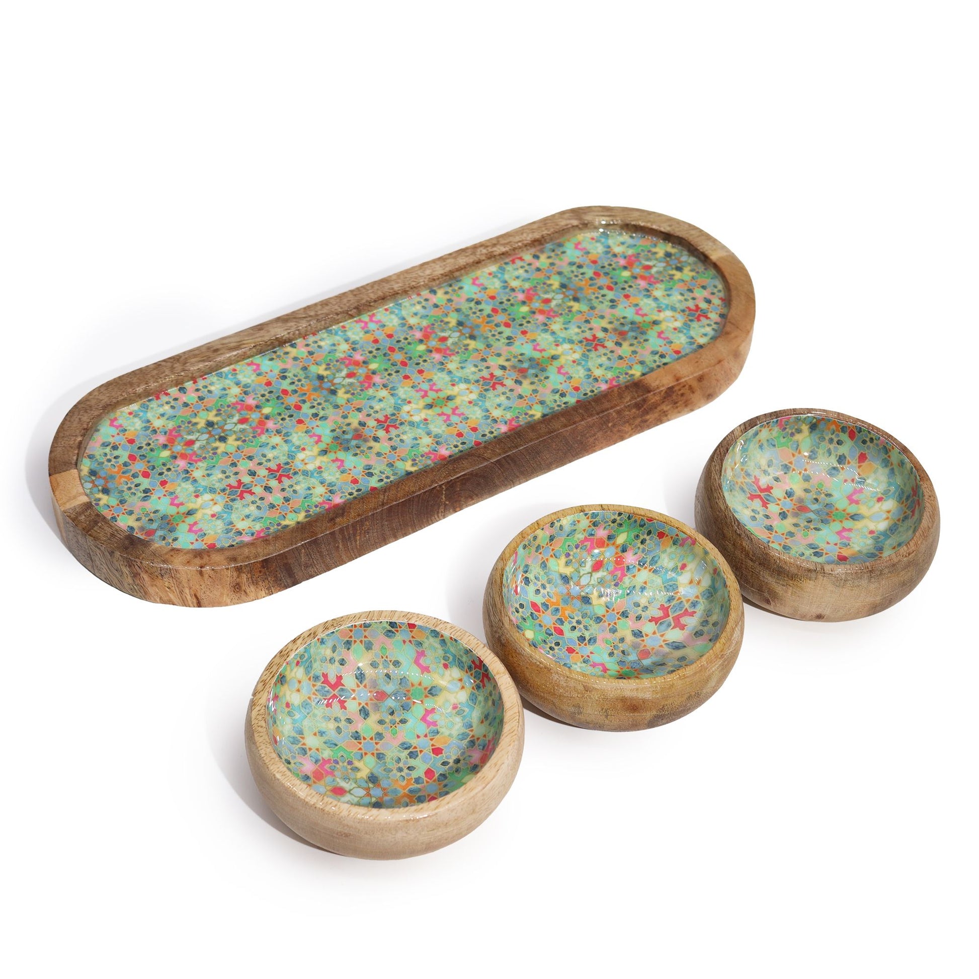 Mango Wood Tray with 3 Bowls - Mediterranean Tile pattern - Image mango-wood-tray-with-3-bowls--mediterranean-tile-pattern-wtray-01