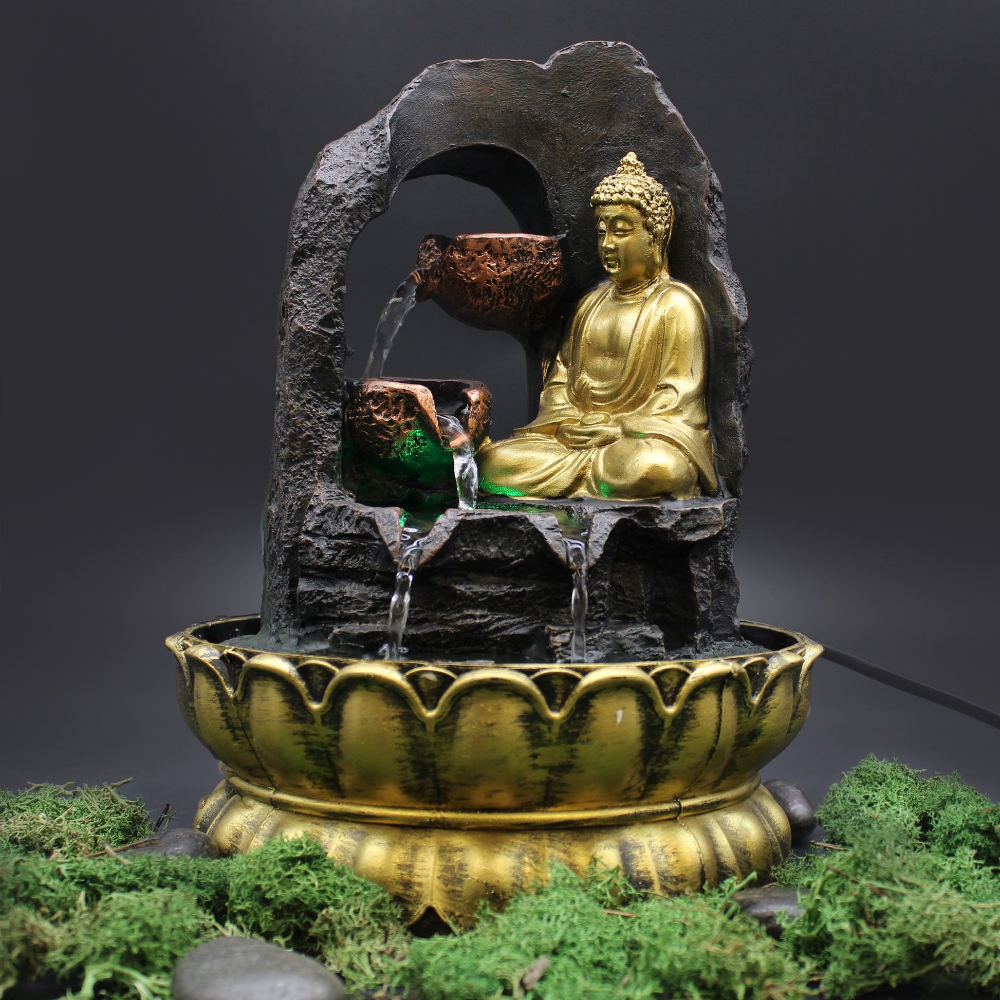 Tabletop Water Feature - 30cm - Golden Meditating Buddha - Image tabletop-water-feature--30cm--golden-meditating-buddha-waterf-01