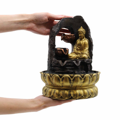 Tabletop Water Feature - 30cm - Golden Meditating Buddha - Image tabletop-water-feature--30cm--golden-meditating-buddha-waterf-01