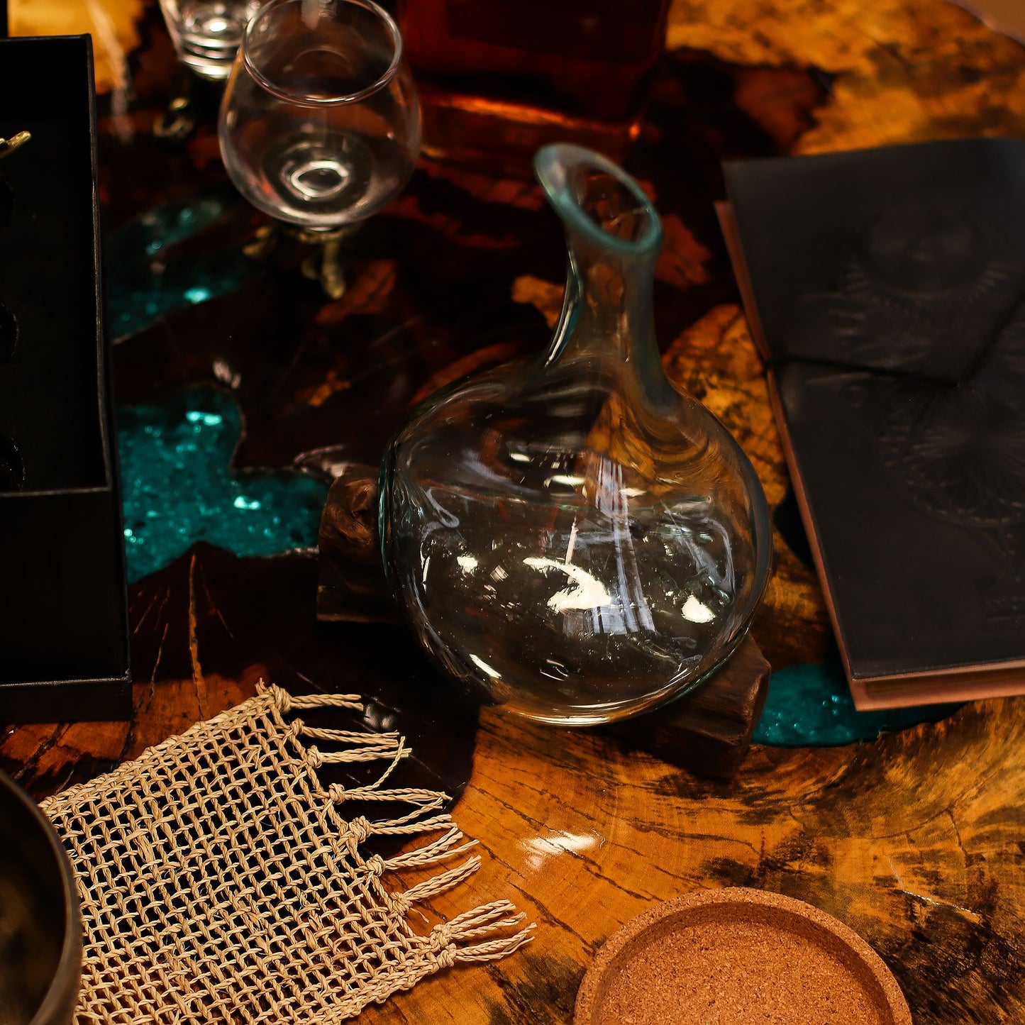 Molten Glass Mini Decanter on Wood 20cm - Image molten-glass-mini-decanter-on-wood-20cm-mgw-45