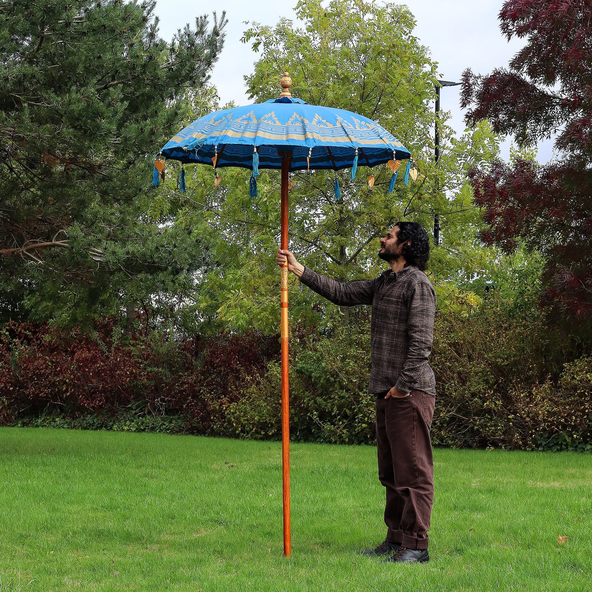 Bali Patio Parasol - Cotton - Turquoise Decor - 1.5m - Image bali-patio-parasol--cotton--turquoise-decor--15m-bpar-02