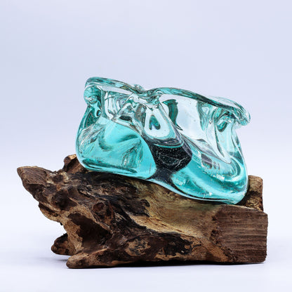 Molten Glass Chunky Ashtray / Candle Holder on Wood 23cm - Image molten-glass-chunky-ashtray--candle-holder-on-wood-23cm-mgw-43