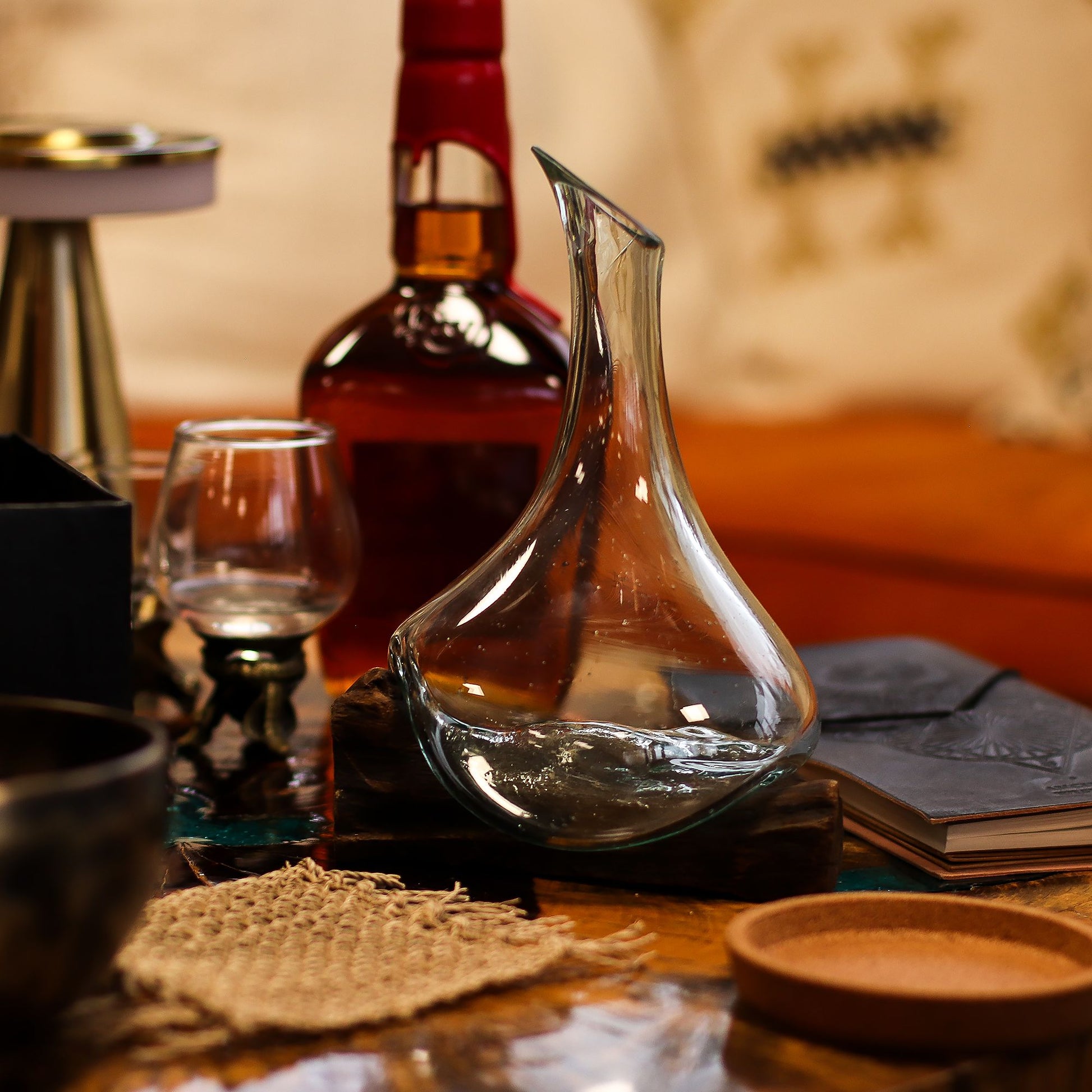 Molten Glass Mini Decanter on Wood 20cm - Image molten-glass-mini-decanter-on-wood-20cm-mgw-45