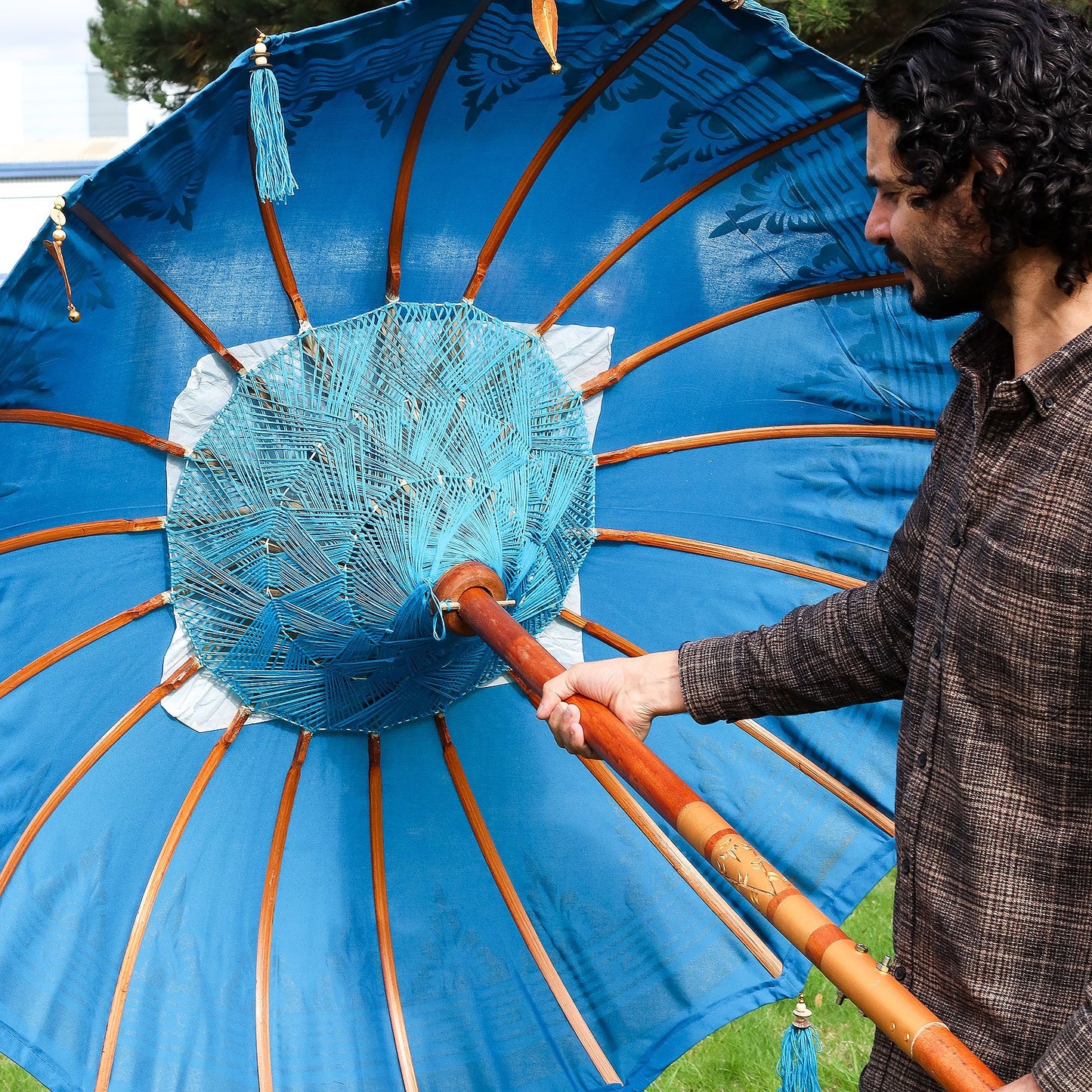 Bali Patio Parasol - Cotton - Turquoise Decor - 1.5m - Image bali-patio-parasol--cotton--turquoise-decor--15m-bpar-02