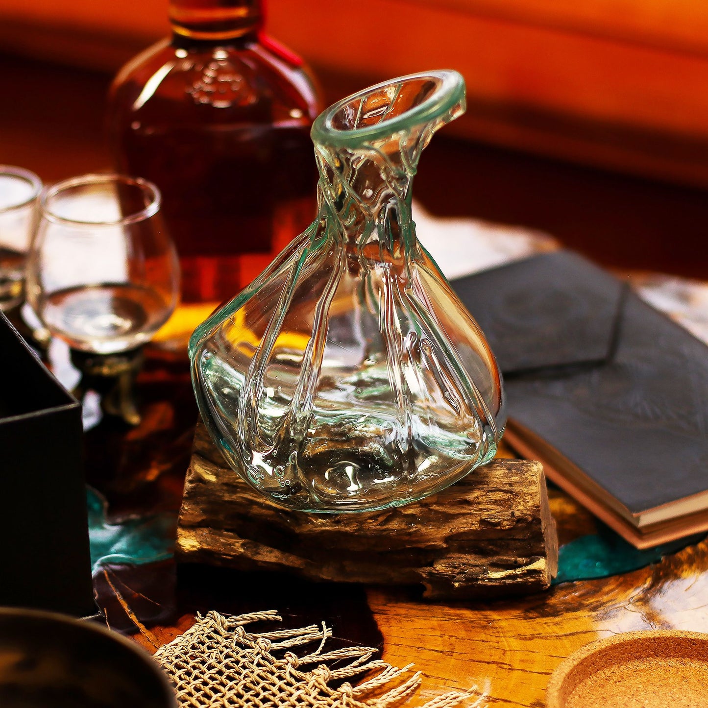 Molten Glass Fancy Mini Decanter on Wood 24cm - Image molten-glass-fancy-mini-decanter-on-wood-24cm-mgw-46