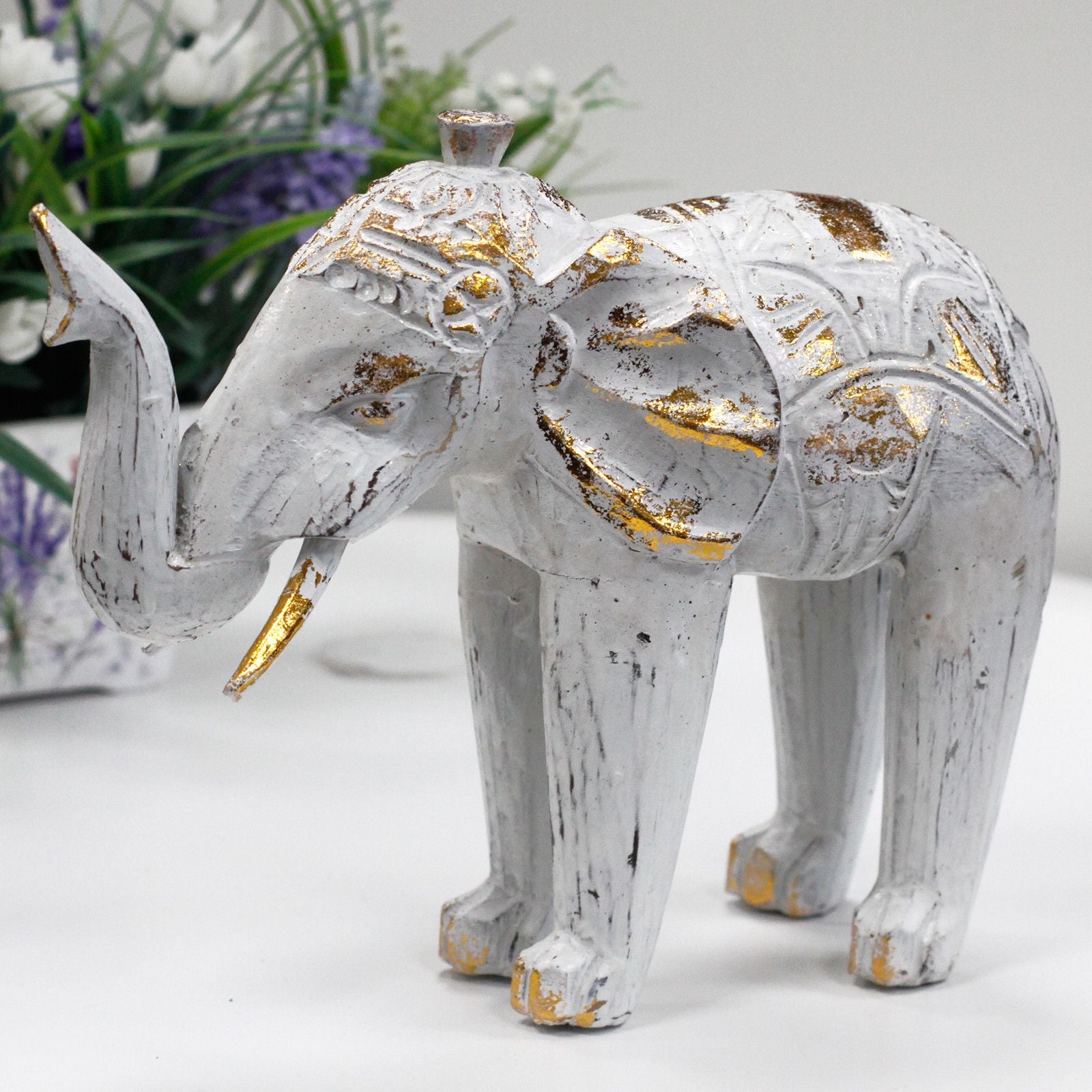 Wood Carved Elephant - White Gold - Image wood-carved-elephant--white-gold-vintep-01