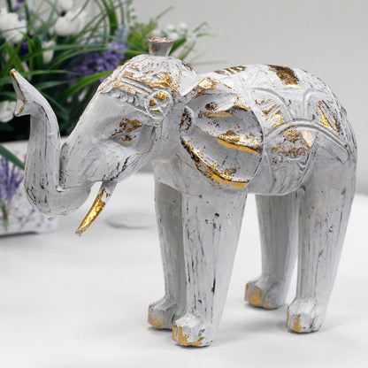 Wood Carved Elephant - White Gold - Image wood-carved-elephant--white-gold-vintep-01