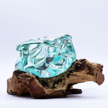Molten Glass Chunky Ashtray / Candle Holder on Wood 23cm - Image molten-glass-chunky-ashtray--candle-holder-on-wood-23cm-mgw-43
