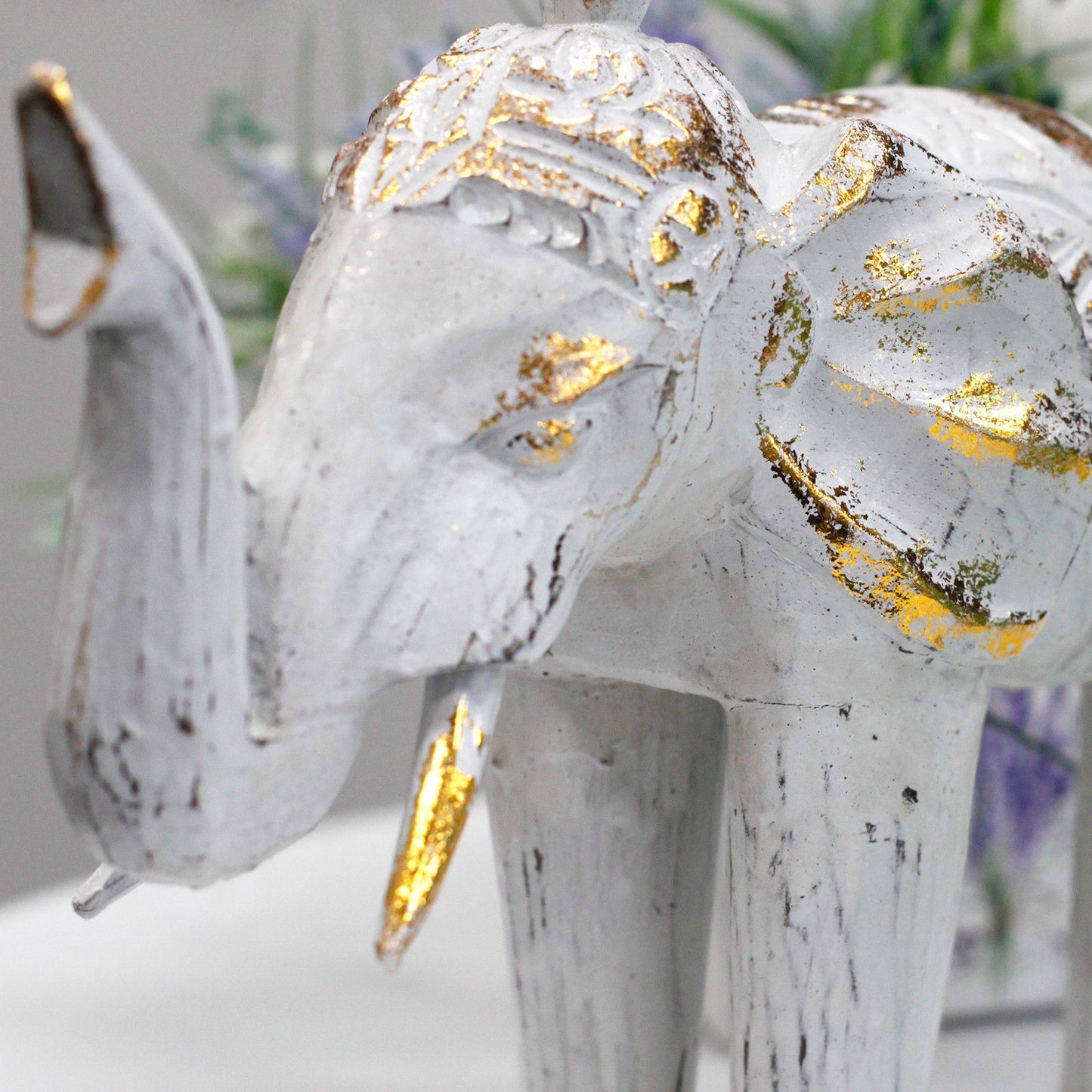 Wood Carved Elephant - White Gold - Image wood-carved-elephant--white-gold-vintep-01