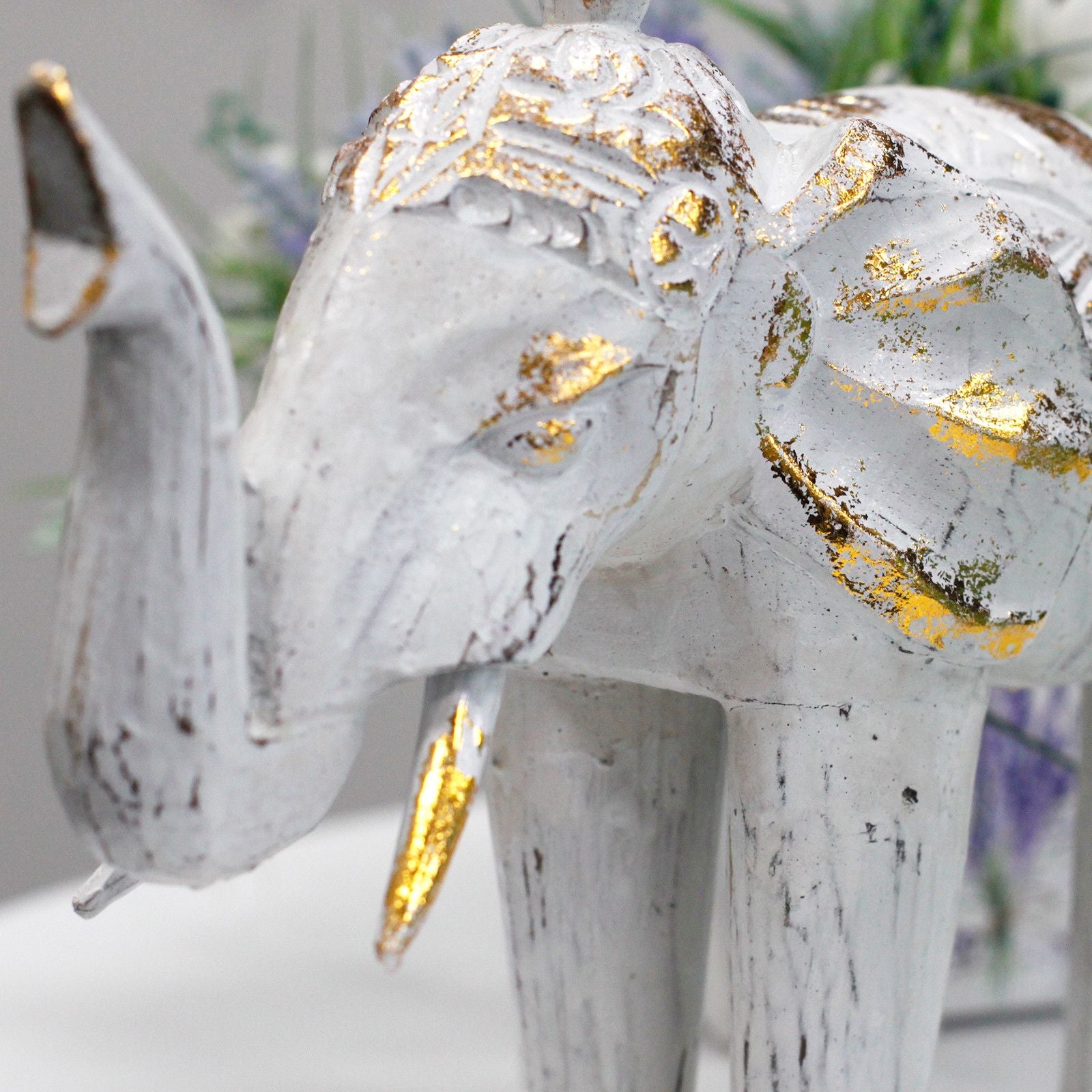 Wood Carved Elephant - White Gold - Image wood-carved-elephant--white-gold-vintep-01