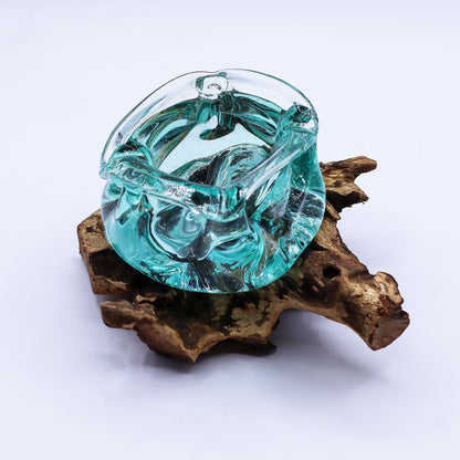 Molten Glass Chunky Ashtray / Candle Holder on Wood 23cm - Image molten-glass-chunky-ashtray--candle-holder-on-wood-23cm-mgw-43