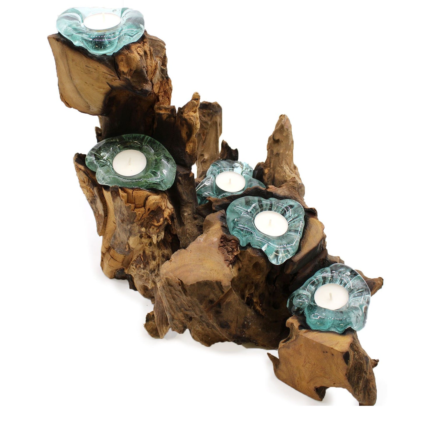 Molton Glass Five Candle Holder on Wood - Image molton-glass-five-candle-holder-on-wood-mgw-32