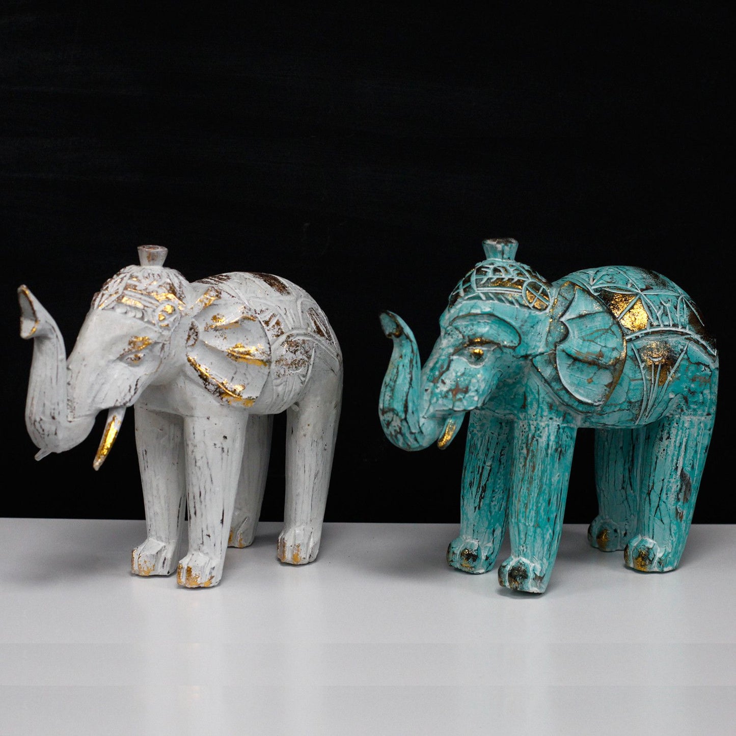 Wood Carved Elephant - Turquoise Gold - Image wood-carved-elephant--turquoise-gold-vintep-02
