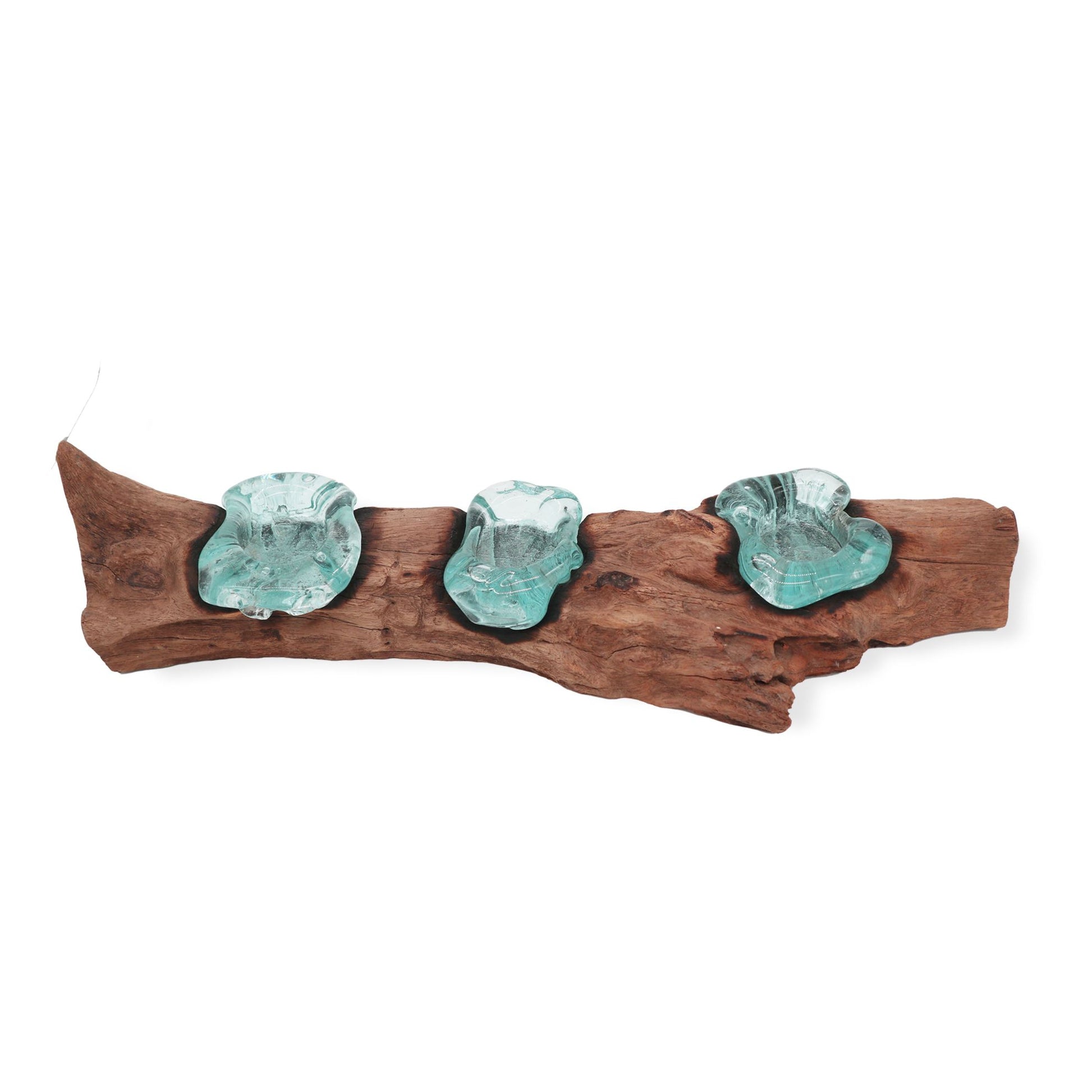 Molton Glass Flat Triple Candle Holder on Wood - Image molton-glass-flat-triple-candle-holder-on-wood-mgw-27
