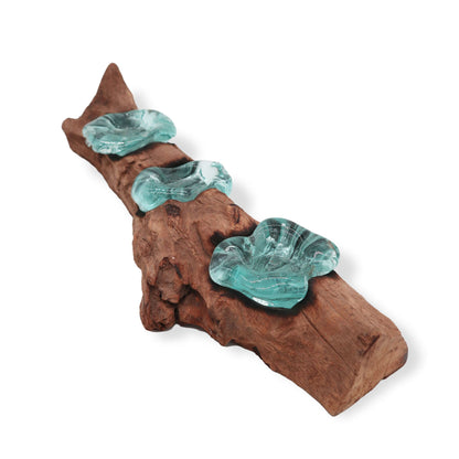 Molton Glass Flat Triple Candle Holder on Wood - Image molton-glass-flat-triple-candle-holder-on-wood-mgw-27