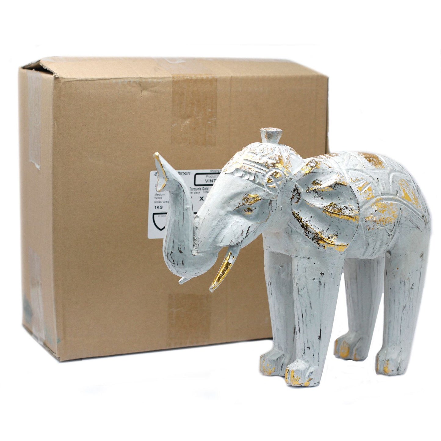 Wood Carved Elephant - White Gold - Image wood-carved-elephant--white-gold-vintep-01