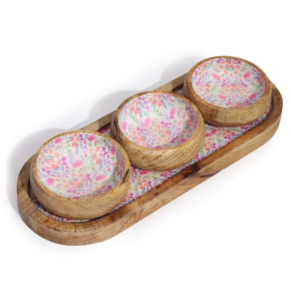 Mango Wood Tray with 3 Bowls - Pretty Floral - Image mango-wood-tray-with-3-bowls--pretty-floral-wtray-03
