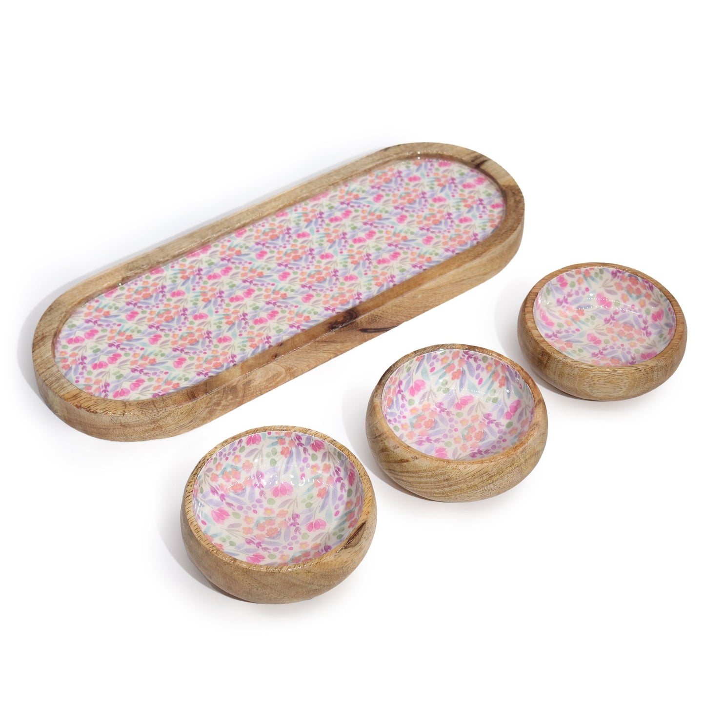 Mango Wood Tray with 3 Bowls - Pretty Floral - Image mango-wood-tray-with-3-bowls--pretty-floral-wtray-03