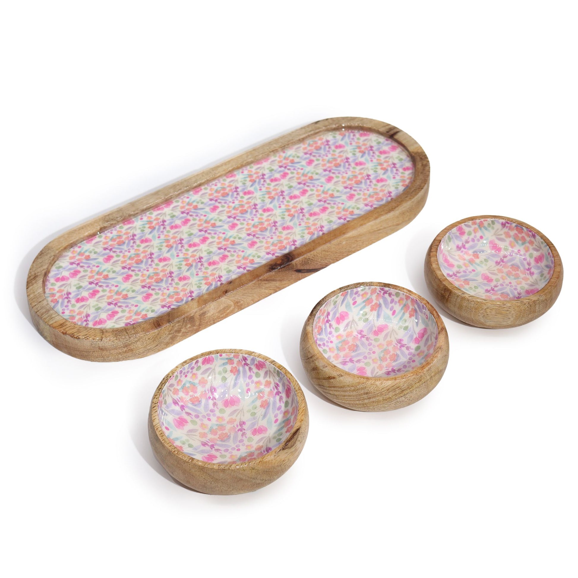 Mango Wood Tray with 3 Bowls - Pretty Floral - Image mango-wood-tray-with-3-bowls--pretty-floral-wtray-03