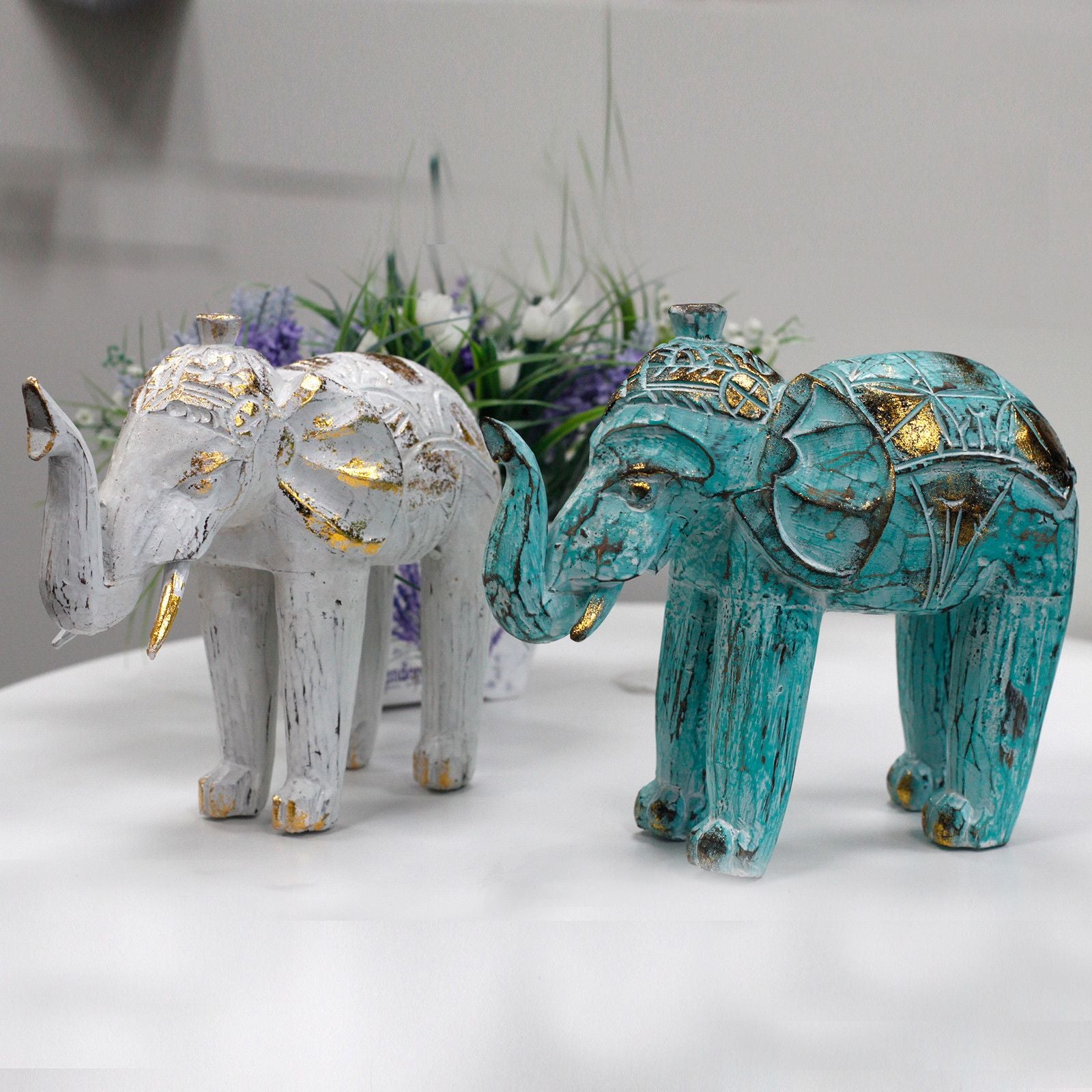 Wood Carved Elephant - White Gold - Image wood-carved-elephant--white-gold-vintep-01