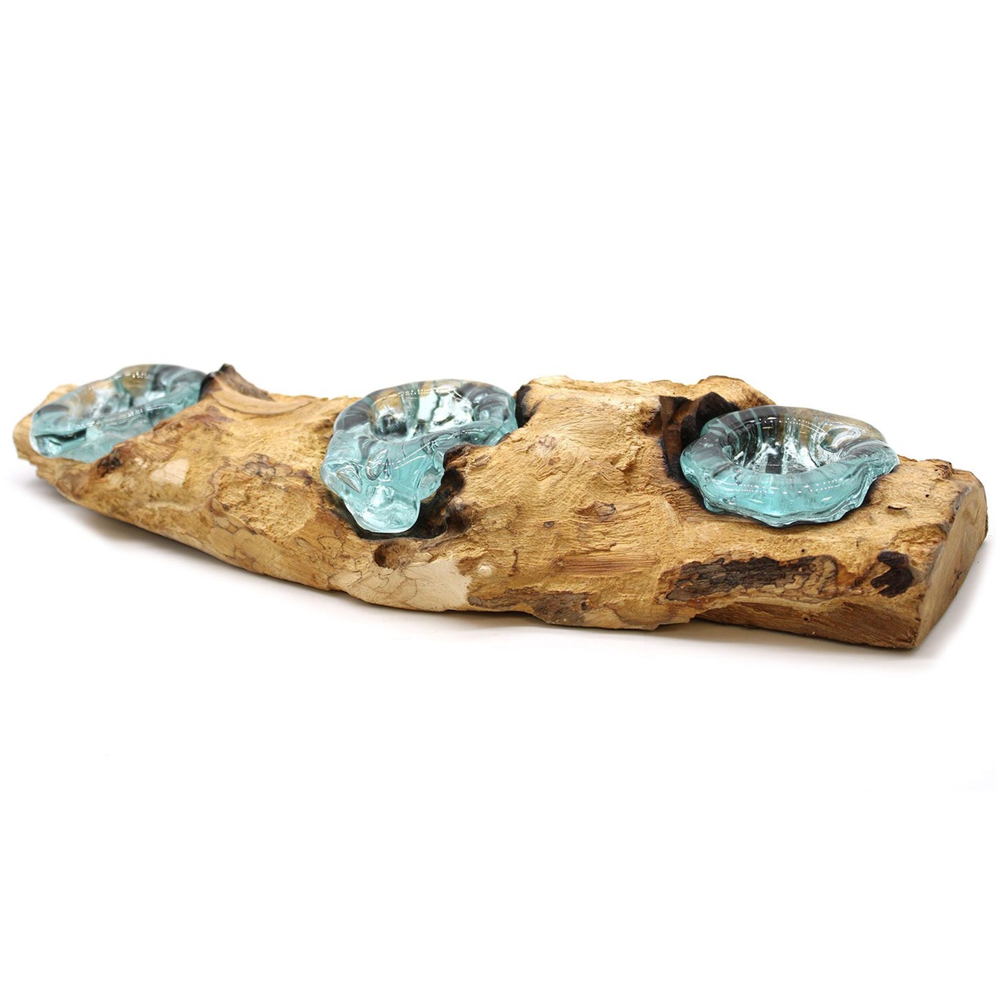 Molton Glass Flat Triple Candle Holder on Wood - Image molton-glass-flat-triple-candle-holder-on-wood-mgw-27