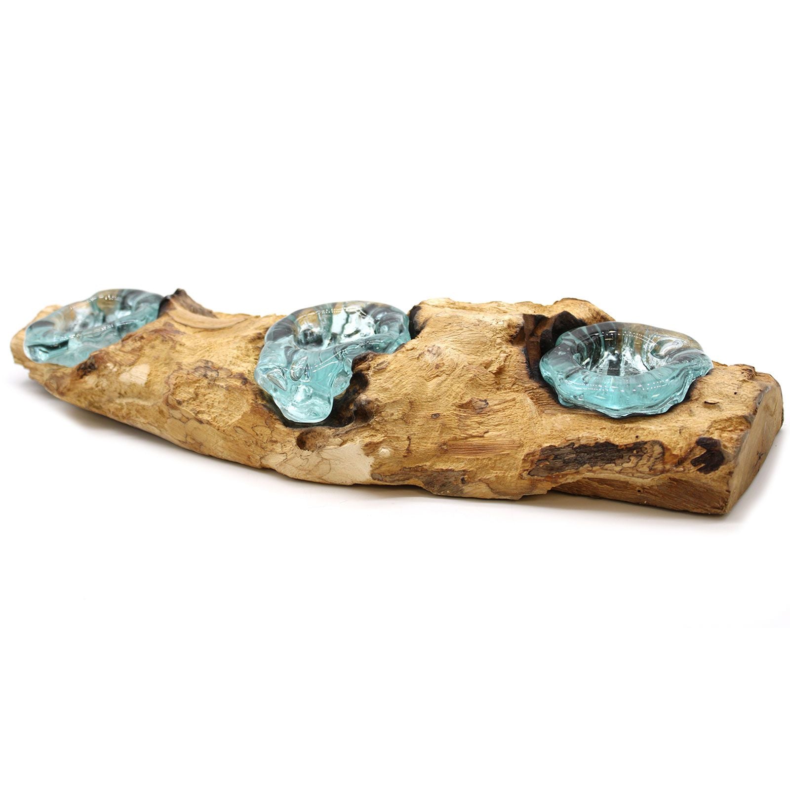 Molton Glass Flat Triple Candle Holder on Wood - Image molton-glass-flat-triple-candle-holder-on-wood-mgw-27
