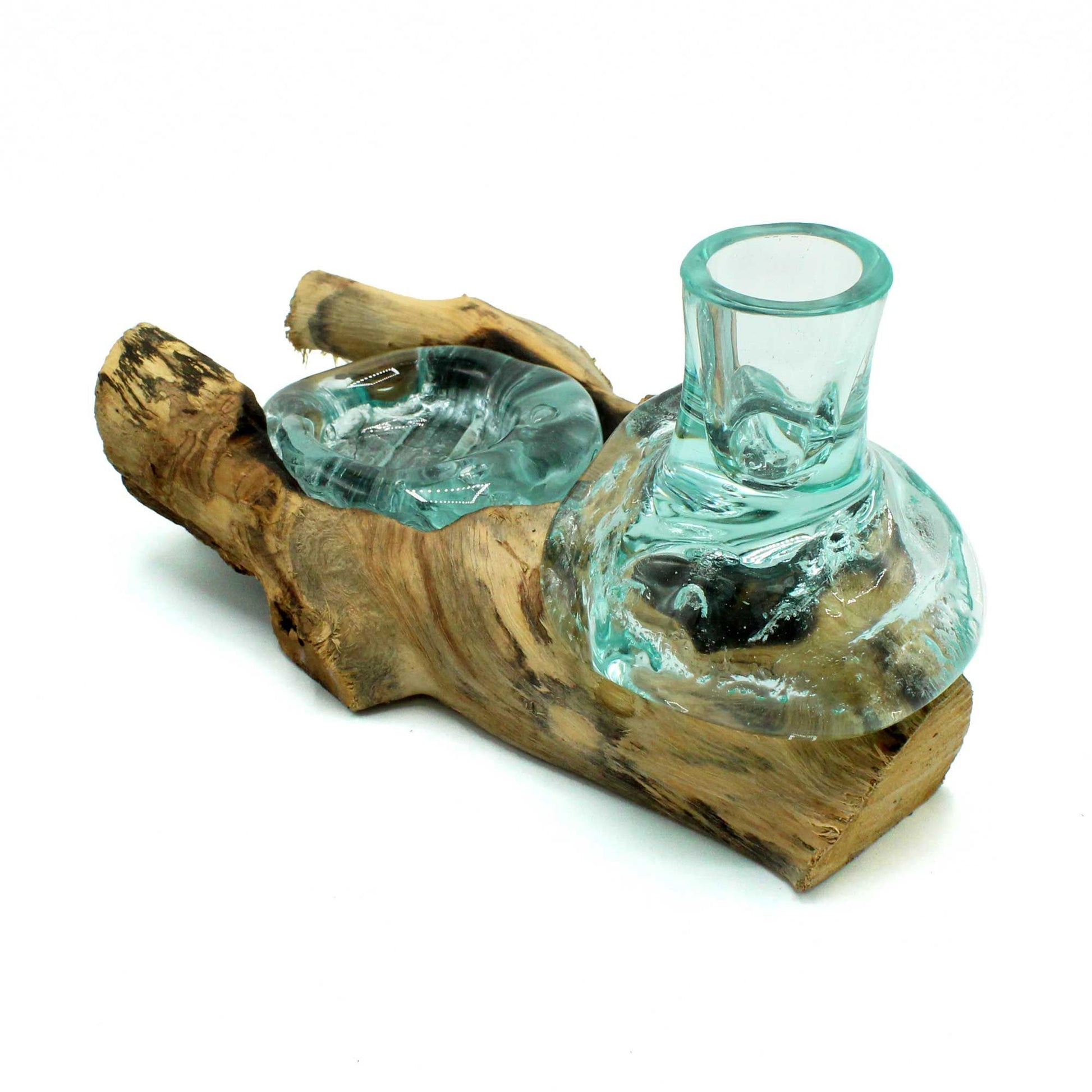 Molten Glass Small Flower Vase and Tealight Holder on Wood - Image molten-glass-small-flower-vase-and-tealight-holder-on-wood-mgw-35