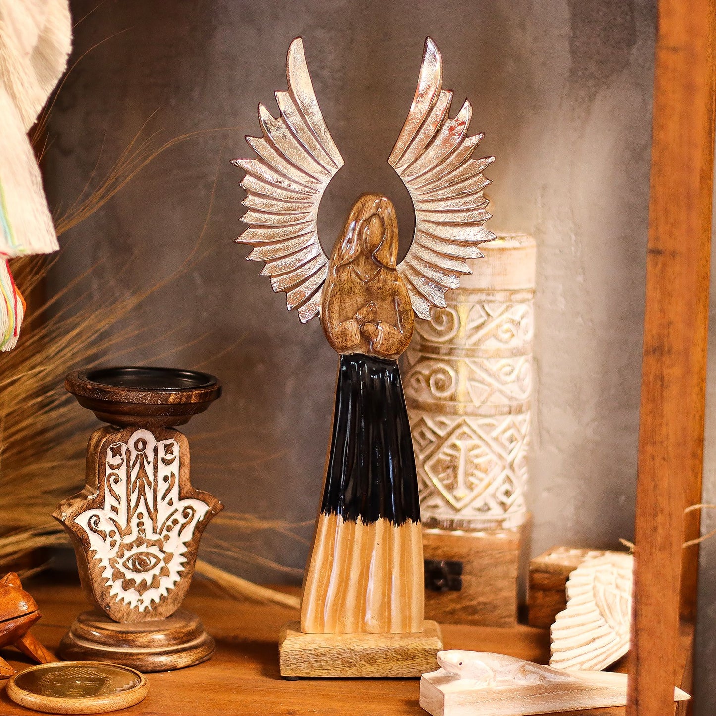 Large Mango Wood Gardian Angel Metal Wings & Enamel Detail - Image large-mango-wood-gardian-angel-metal-wings--enamel-detail-wang-11
