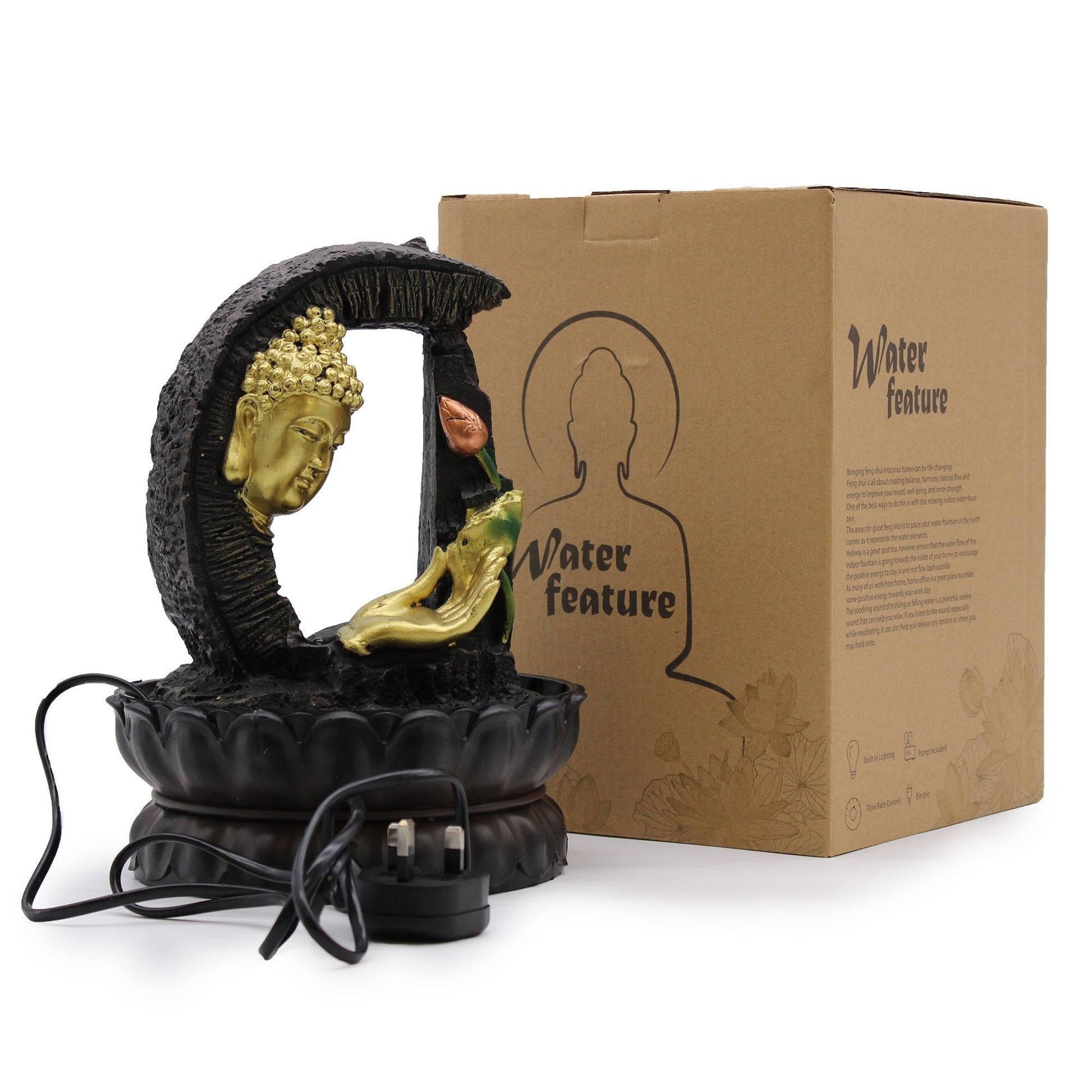 Tabletop Water Feature - 30cm - Golden Buddha & Lotus - Image tabletop-water-feature--30cm--golden-buddha--lotus-waterf-02