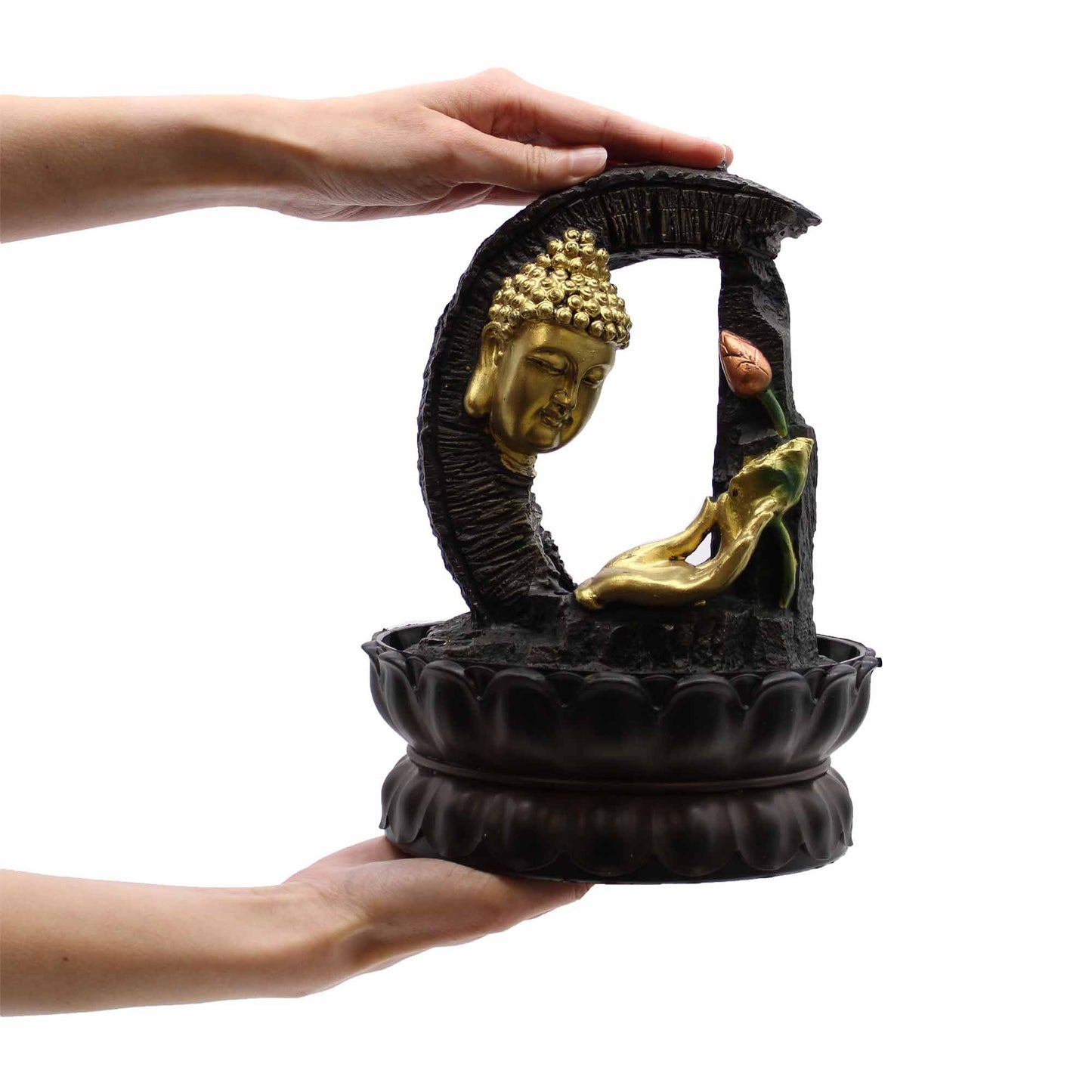 Tabletop Water Feature - 30cm - Golden Buddha & Lotus - Image tabletop-water-feature--30cm--golden-buddha--lotus-waterf-02