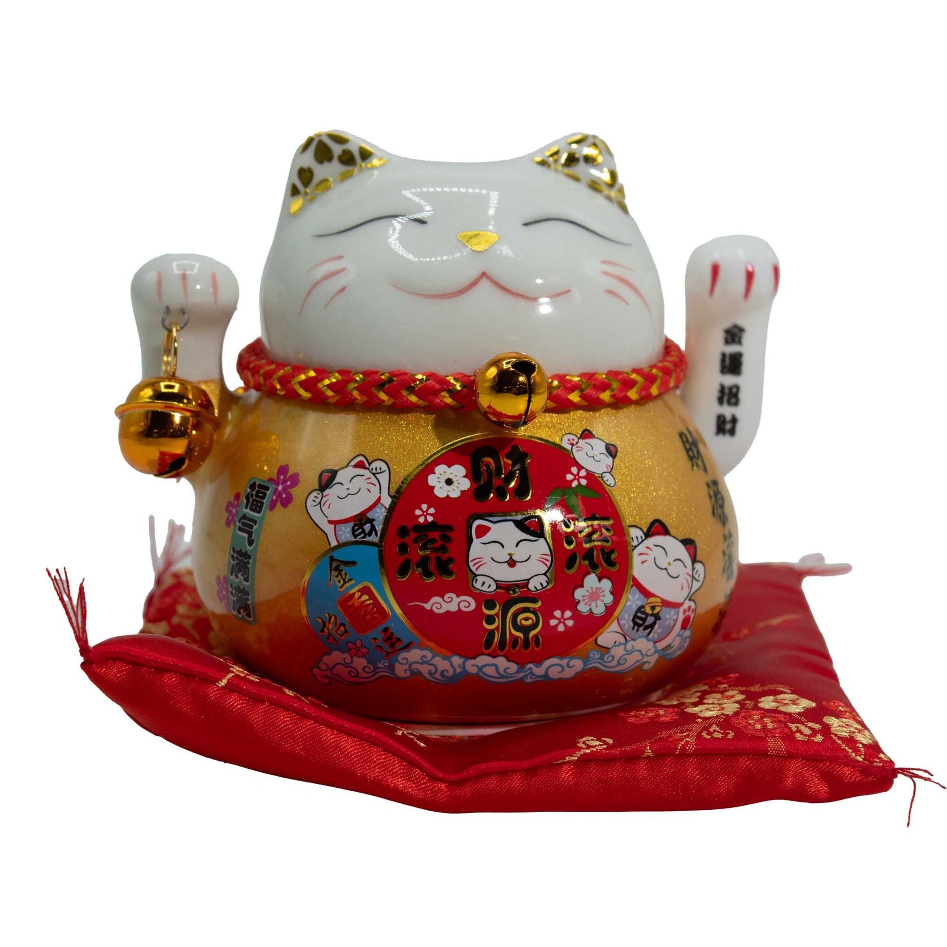 Ceramic Money Cat Moving Hand  - Gold on Cushion - Image ceramic-money-cat-moving-hand---gold-on-cushion-mcat-17