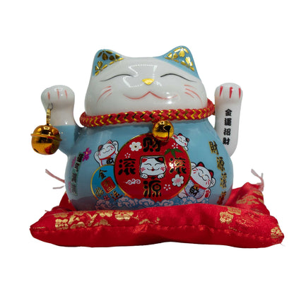 Ceramic Money Cat Moving Hand  - Blue on Cushion - Image ceramic-money-cat-moving-hand---blue-on-cushion-mcat-18
