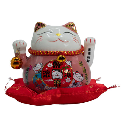 Ceramic Money Cat Moving Hand  - Pink on Cushion - Image ceramic-money-cat-moving-hand---pink-on-cushion-mcat-19