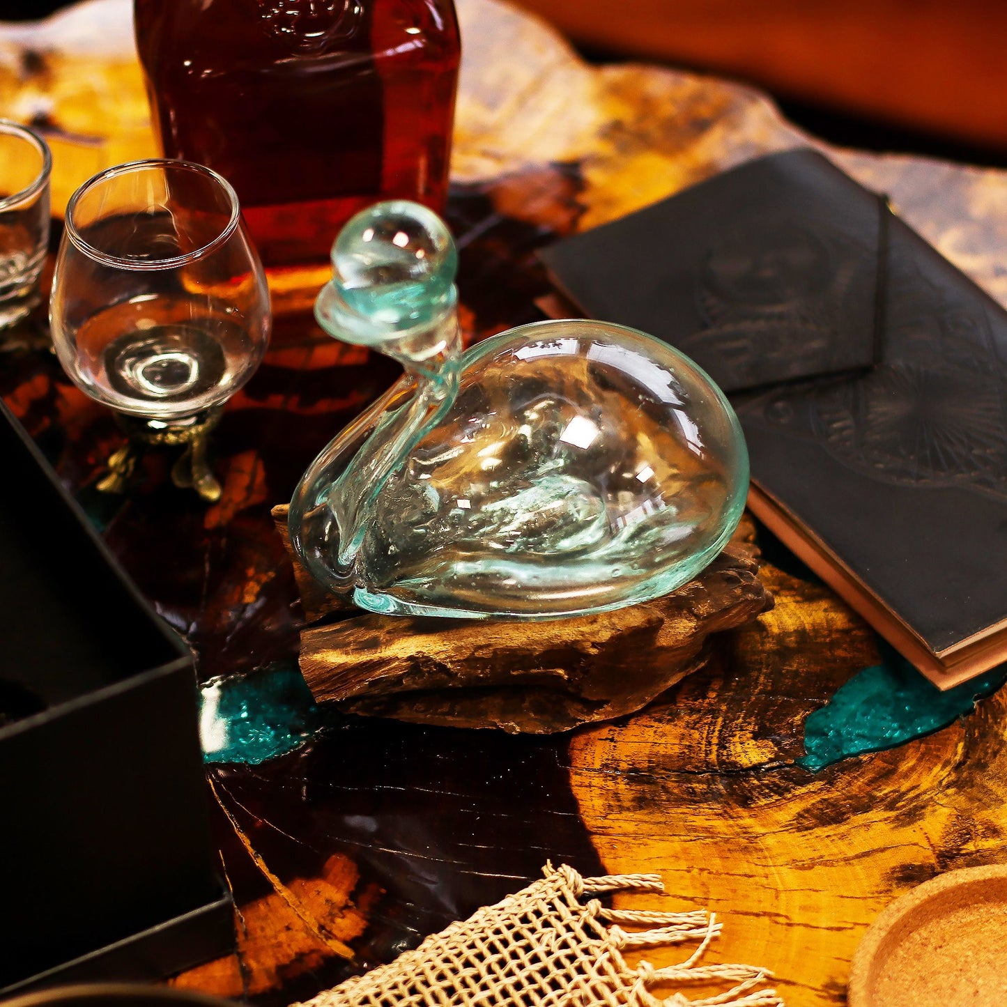 Molten Glass Duck Decanter on Wood with Stopper 19cm - Image molten-glass-duck-decanter-on-wood-with-stopper-19cm-mgw-44