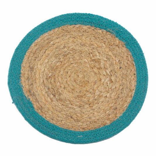 Natural Place Mat - Jute & Cotton 30cm - Teal Border - Image natural-place-mat--jute--cotton-30cm--teal-border-npmat-02