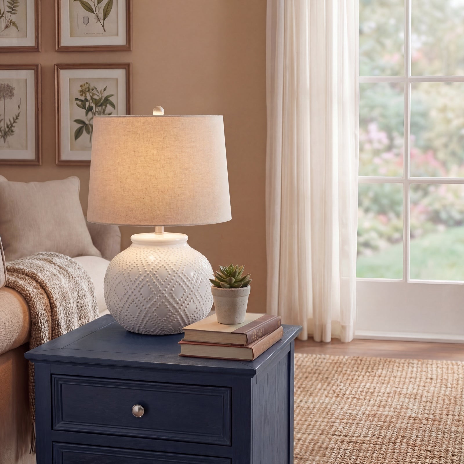 white beaded ceramic table lamp