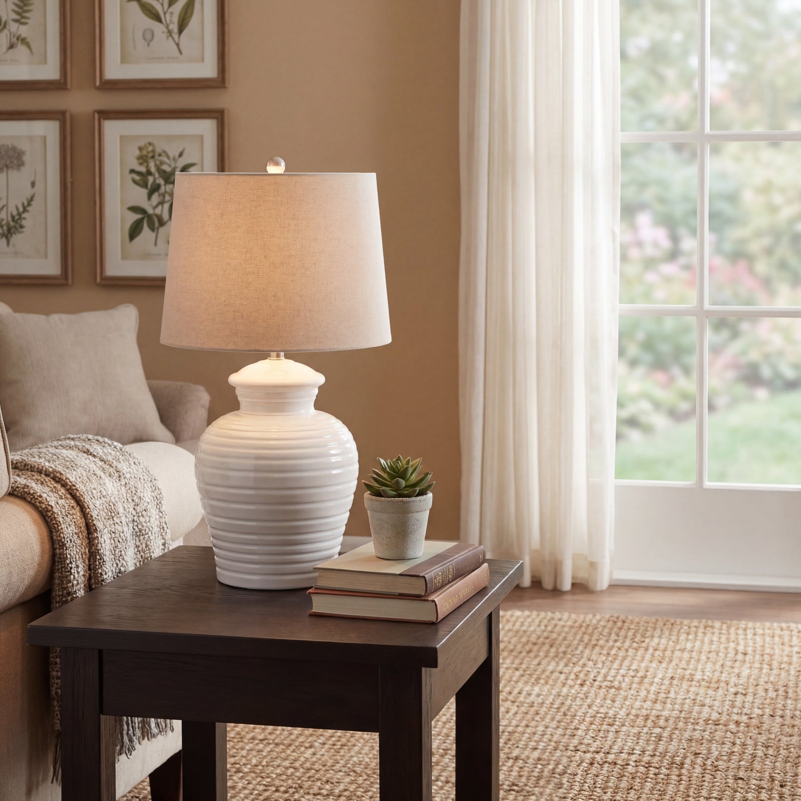 white ceramic pot lamp, with intricate ribbing and a linen shade. Xquisite by Design UK
